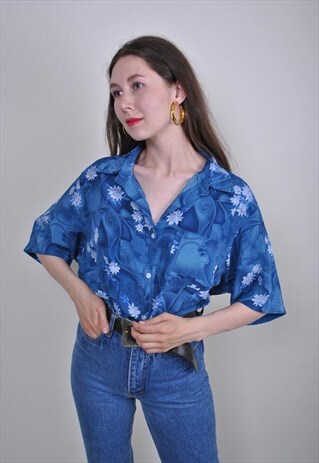 70S BLUE FLORAL PRINT VOCATION WOMEN BLOUSE, SIZE L