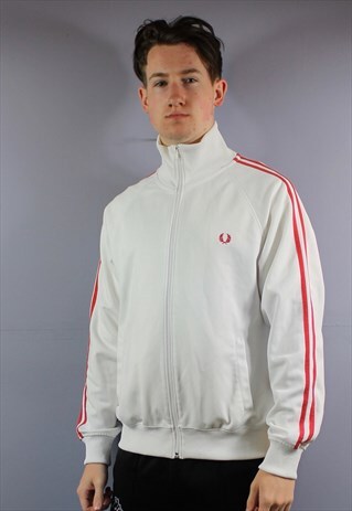 VINTAGE FRED PERRY TRACK JACKET IN WHITE WITH EMBROIDERED LO