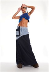Patchwork Denim Maxi Skirt In Blue Wash 
