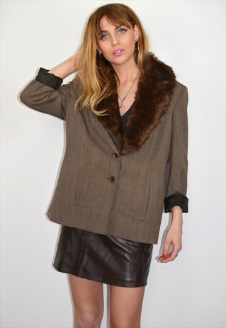 VINTAGE 90S GREY BROWN BLAZER JACKET WITH FAUX FUR COLLAR
