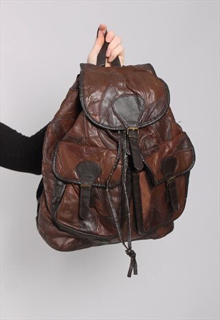 VINTAGE 90S BROWN PATCHWORK LEATHER BACKPACK RUCKSACK