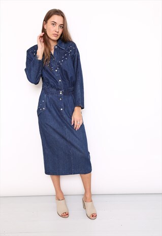 VINTAGE 80S BLUE DENIM JEWELLED DRESS