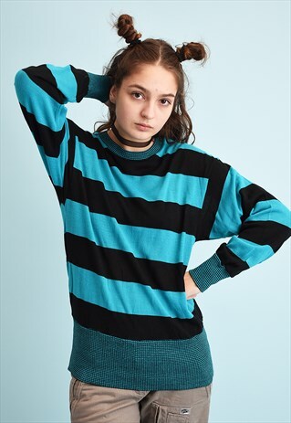 80'S RETRO STRIPED PATTERN ATHLEISURE THIN KNIT JUMPER