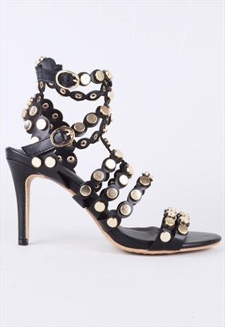 BLACK STRAPPY HIGH HEEL SANDALS WITH GOLD STUDS