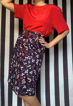 Vintage 70s navy midi skirt with red and white florals, Uk12