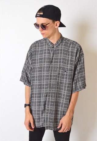 VINTAGE 90S COLLARLESS CHECK SHORT SLEEVE SHIRT