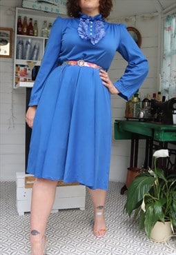 Vintage 50s Blue Ruffle Ruffles Frilly Frill Bow Aline Dress