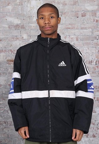 VINTAGE ADIDAS LOGO THREE STRIPE QUILTED JACKET BLACK