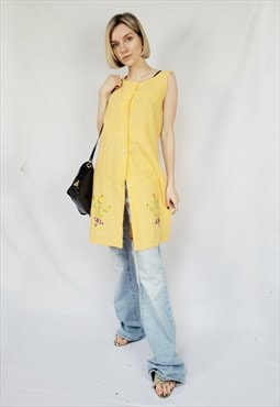 90s retro orange floral embroidery buttons tunic top