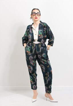 Yessica Vintage 80's jumpsuit in printed abstract pattern