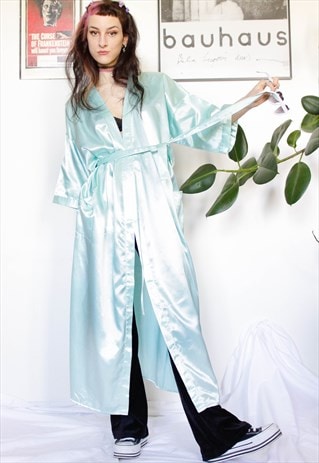 90s grunge y2k vintage turquoise satin longline kimono robe