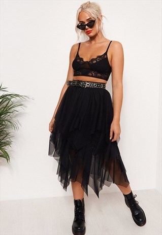 BLACK TULLE OVERLAY LAYERED MIDI SKIRT