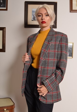 VINTAGE 80S PENDLETON BLAZER JACKET IN GREY WOOL PLAID CHECK