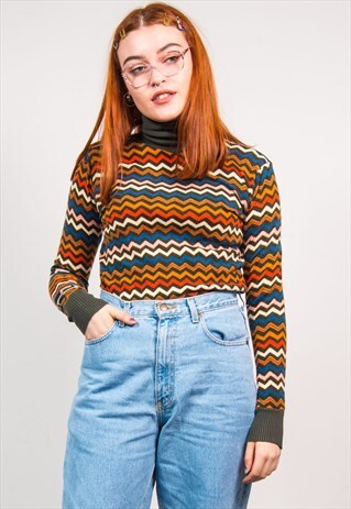 VINTAGE 90'S MULTICOLOUR ZIG ZAG PATTERN TURTLE NECK JUMPER