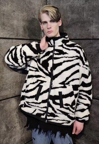 ZEBRA FLEECE JACKET FAUX FUR TED BEAR BOMBER JACKET WHITE