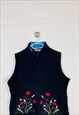 VINTAGE 90S FLEECE GILET BLUE WITH EMBROIDERED FLOWERS