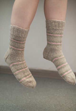 BROWN STRIPED HANDMADE KNITTED WOOL SOCKS