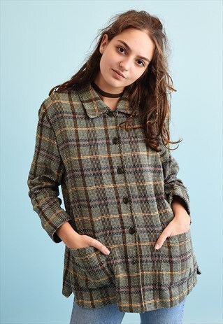 90'S RETRO KNIT CHECKED PATTERN MOMS JACKET SHIRT