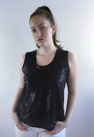 WOMENS VINTAGE 80S VEST TOP BLACK SPARKLY SEQUIN LOOK TOP
