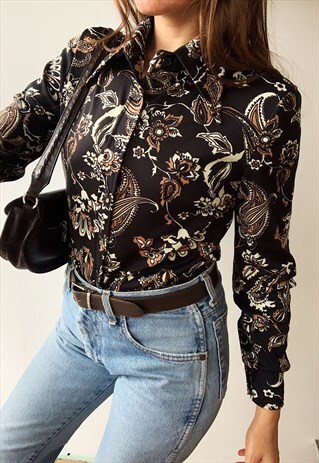 VINTAGE 60S MOD PARISIAN CHIC PAISLEY PRINT BLOUSE SHIRT TOP