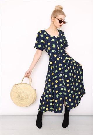 VINTAGE 90S DARK FLORAL PRINT MIDI DRESS