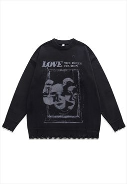 Creepy sweater scary knit distressed horror jumper in black