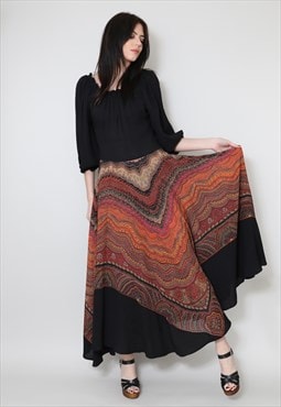 Jean Paul 70's Vintage Black Brown Boho Crepe Maxi Dress