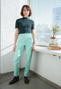 Vintage Green/White Cotton Striped High Waisted Trousers