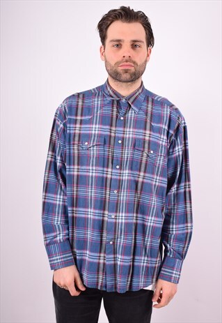 WRANGLER MENS VINTAGE SHIRT XL BLUE CHECK 90'S