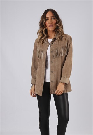 SUEDE LEATHER SHIRT TASSEL FRINGE VINTAGE UK 12 (DKEA)