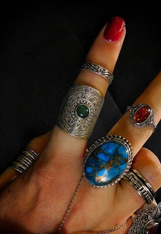 AZTEC STYLE GREEN AGATE & STERLING SILVER WRAP RING