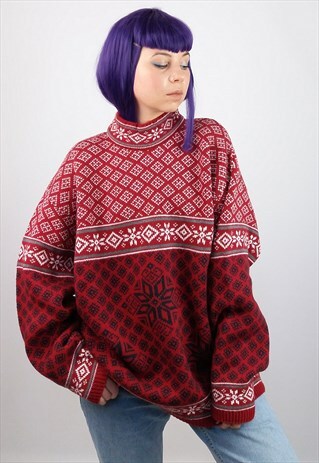 VINTAGE 80'S RETRO NORDIC PATTERN UNISEX SKI SWEATER