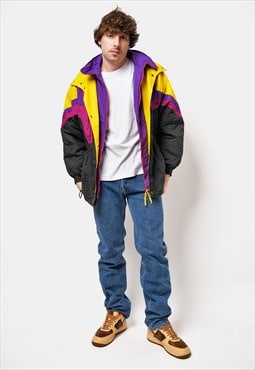 90s vintage ski jacket black yellow purple pink winter parko