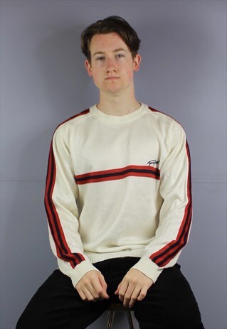 VINTAGE TOMMY HILFIGER COTTON KNIT SWEATSHIRT IN CREAM WHITE