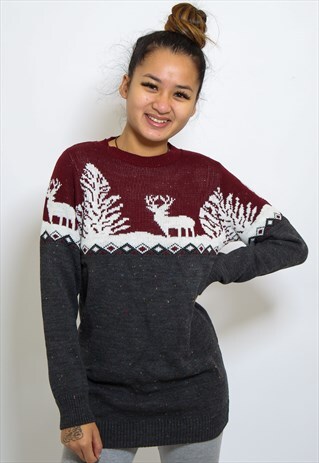 VINTAGE REINDEER CHRISTMAS JUMPER IN GREY AND RED