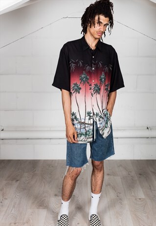 VINTAGE BLACK RED PALM TREE SHORT SLEEVE SHIRT