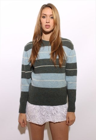 VINTAGE 1970'S 70'S SKY BLUE & GREY STRIPED WOOL JUMPER S-M