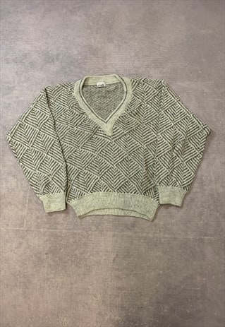 VINTAGE KNITTED JUMPER ABSTRACT PATTERNED GRANDAD SWEATER