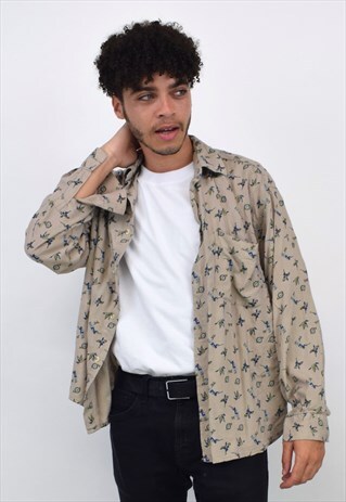 VINTAGE 90'S BEIGE BIRD PRINT LONG SLEEVED SHIRT