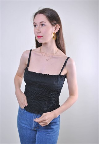 VINTAGE WOMAN BLACK RUFFLE HOLIDAY TANK TOP
