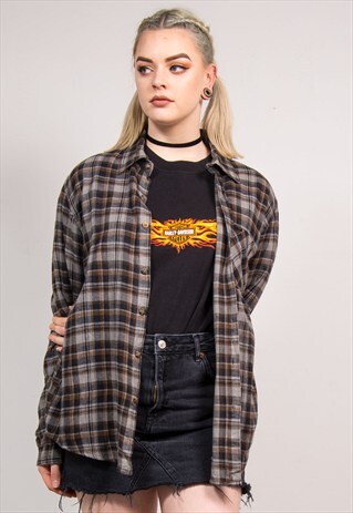 90'S VINTAGE GRUNGE STYLE DARK CHECK FLANNEL SHIRT