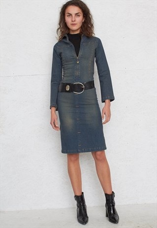 VINTAGE BLUE LONG SLEEVE MINI DENIM DRESS
