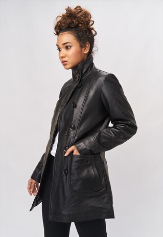 'LILIANA' GENUINE LEATHER MIDI COAT - PITCH BLACK