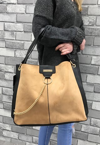 CAMEL FAUX SUEDE SHOULDER BAG