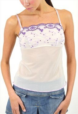 Vintage Y2K Mesh Cami Top with Floral Embroidery