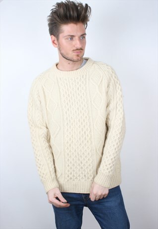 VINTAGE CHUNKY KNIT BEIGE ARAN WOOLLEN JUMPER