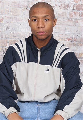 VINTAGE ADIDAS LOGO THREE STRIPE TRACK JACKET BEIGE BLUE