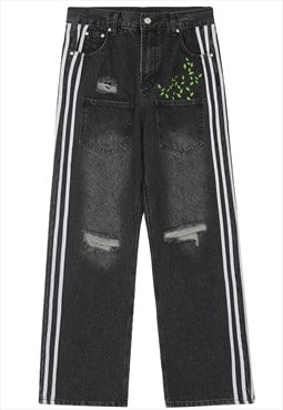 Bleached jeans striped denim pants ripped punk joggers black