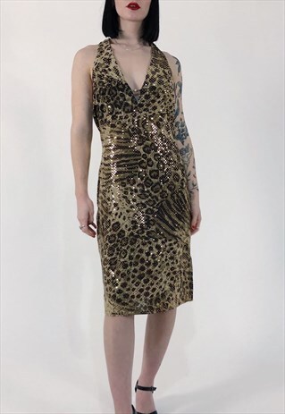 halter y2k brown dress dresses asos marketplace midi leopard shiny neck