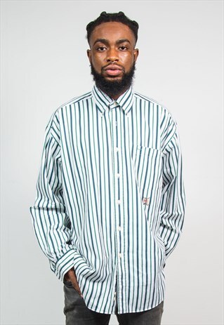 TOMMY HILFIGER 90'S VINTAGE GREEN WHITE STRIPE SHIRT